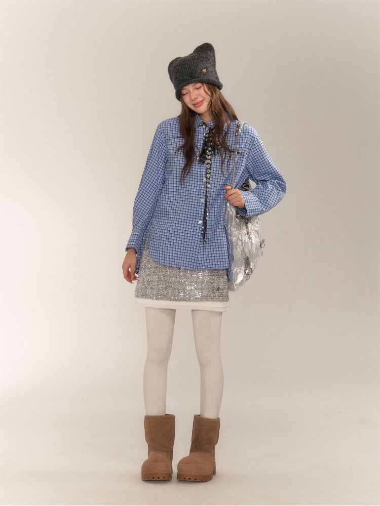 Vintage College Style Blue Plaid Shirt - CHINASQUAD