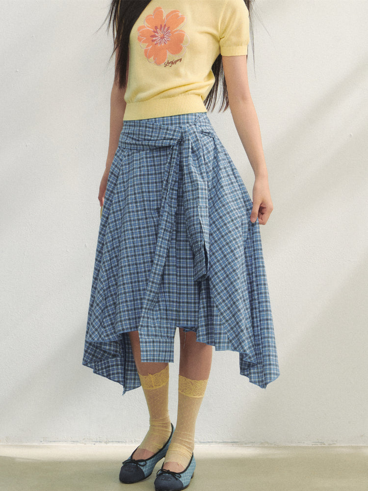 Blue Checkered Irregular Tie-Waist Skirt - CHINASQUAD