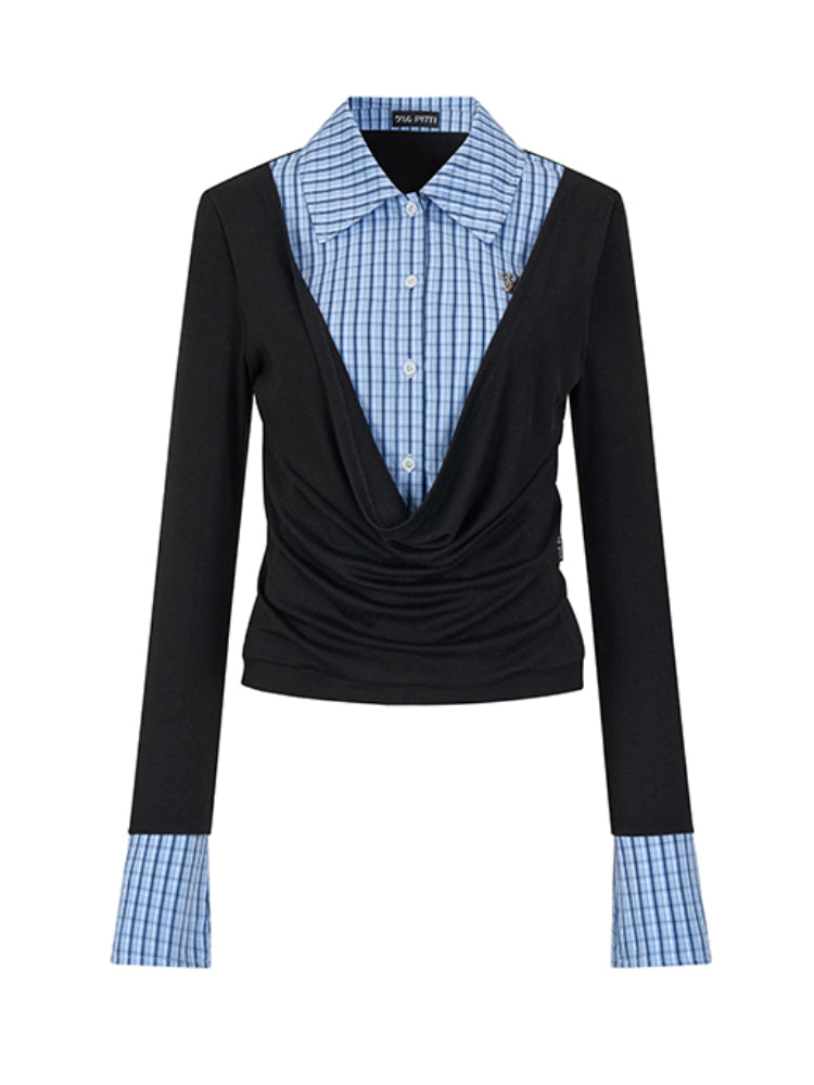 Fake Two-Piece Plaid Spliced Shirt - CHINASQUAD