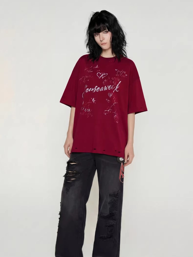 Letter Print Distressed Oversized T-Shirt