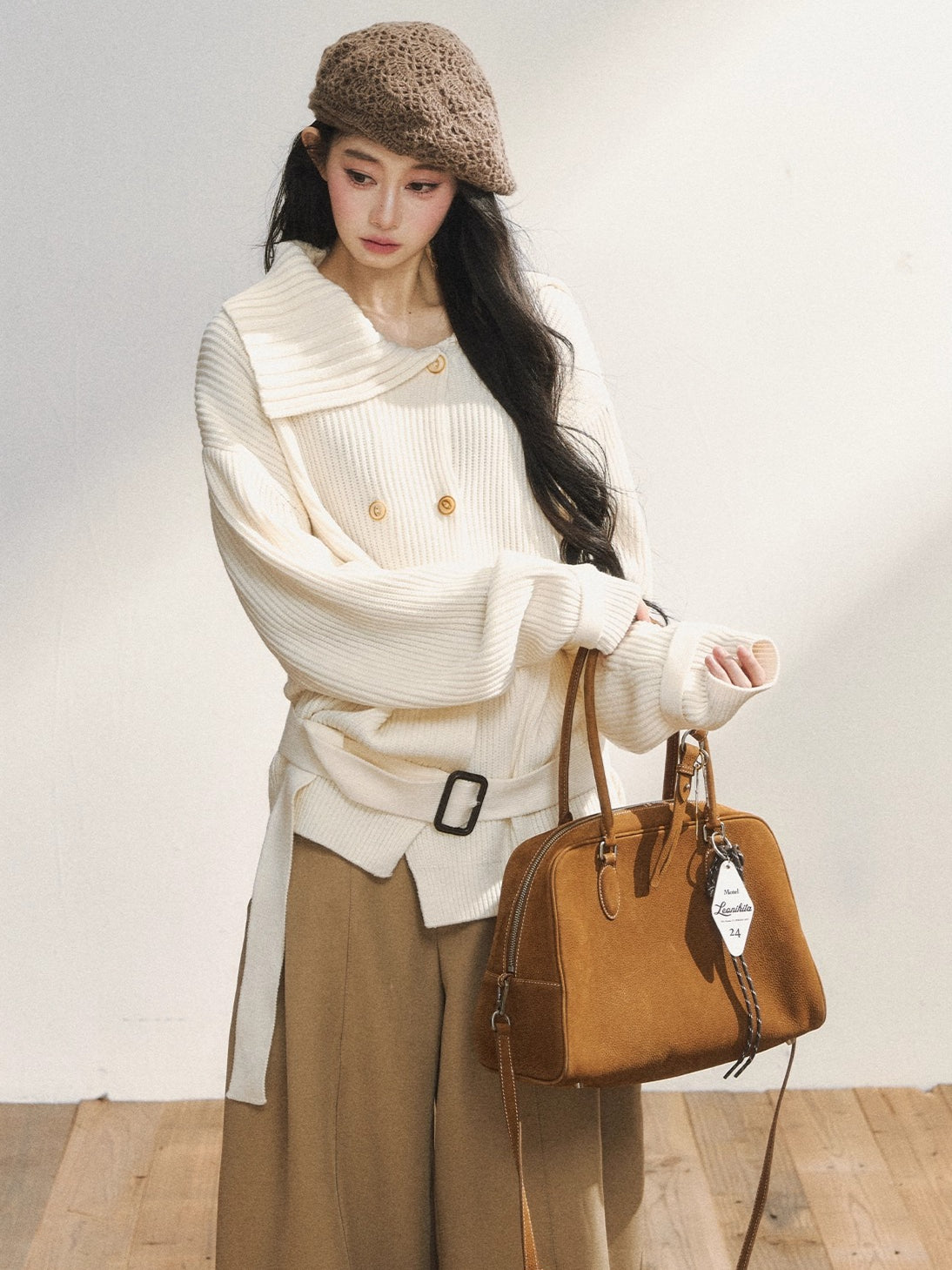Double-Breasted Belted Knit Cardigan
