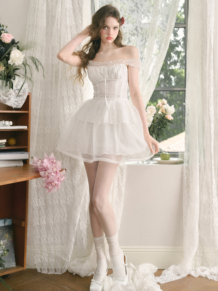 White Embroidered Puff Dress - CHINASQUAD