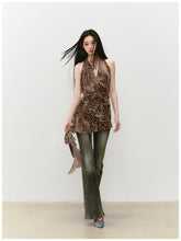 Halter Leopard Print Gathered-Waist Sleeveless Dress - CHINASQUAD