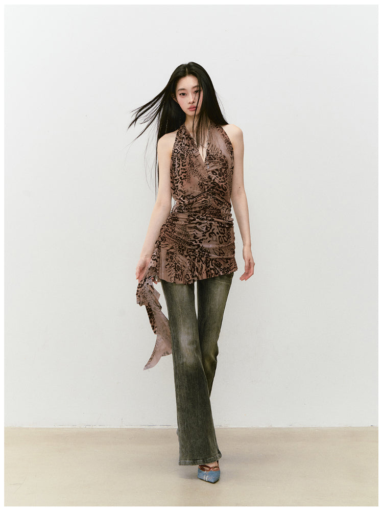 Halter Leopard Print Gathered-Waist Sleeveless Dress