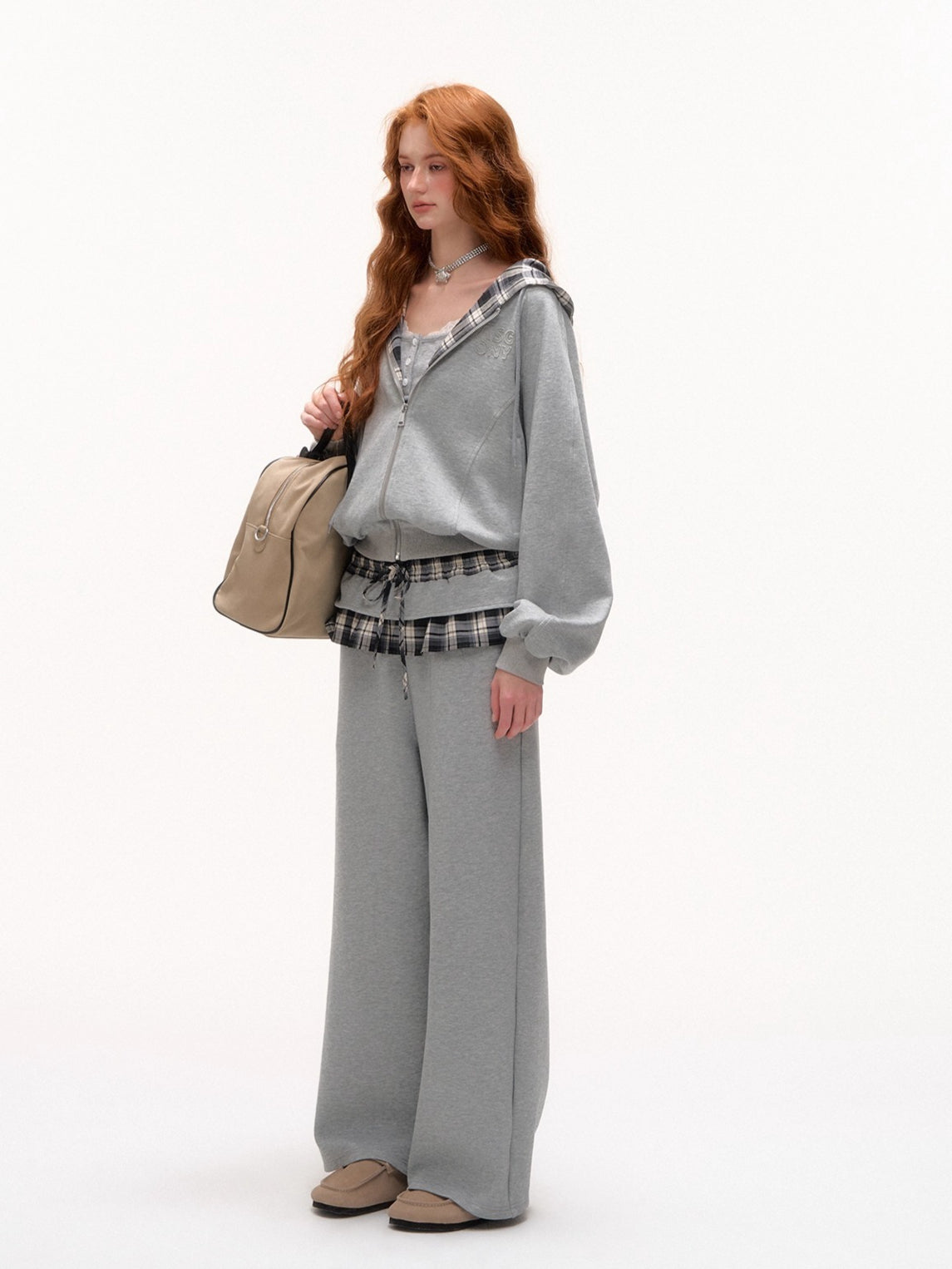 Plaid Patch Embroidered Sweatshirt & Ruffled Waist Pants Set - CHINASQUAD