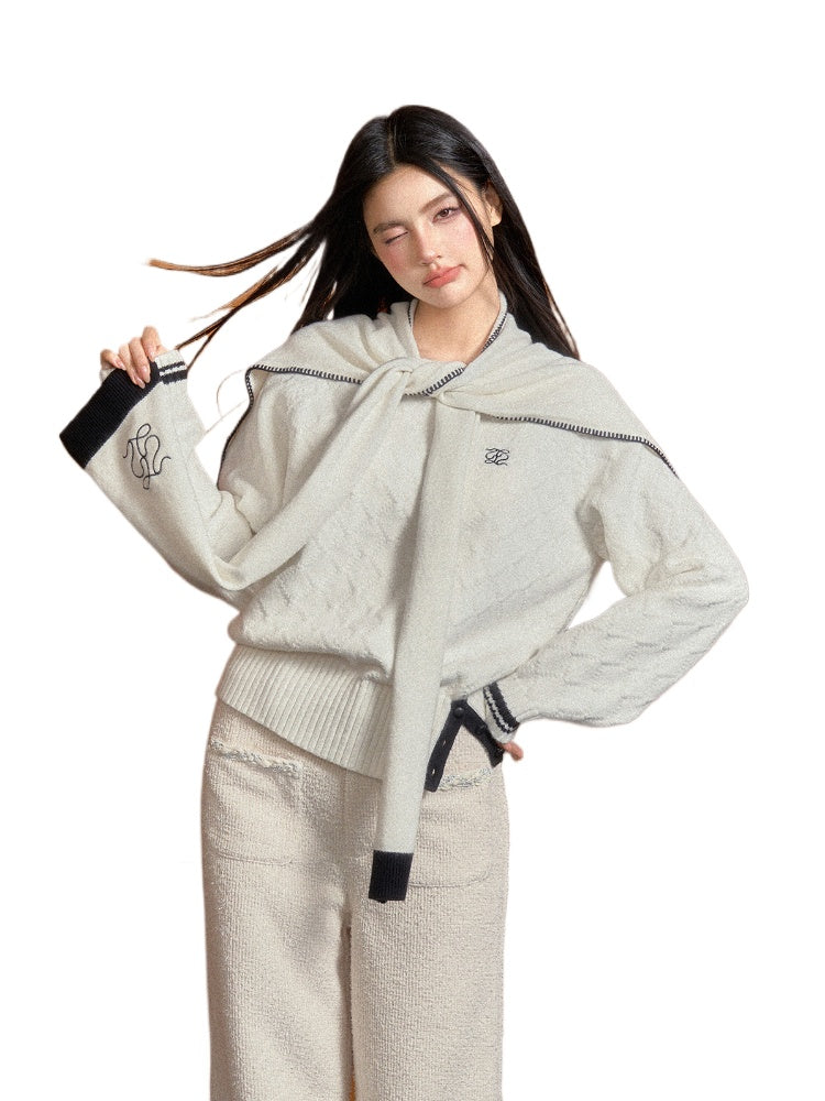 Off-Shoulder Asymmetrical Diamond Knit Sweater & Shawl Set - CHINASQUAD