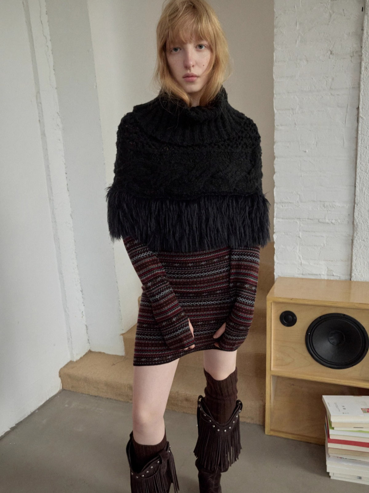 Cable Knit Fringed High-Neck Wool Blend Poncho