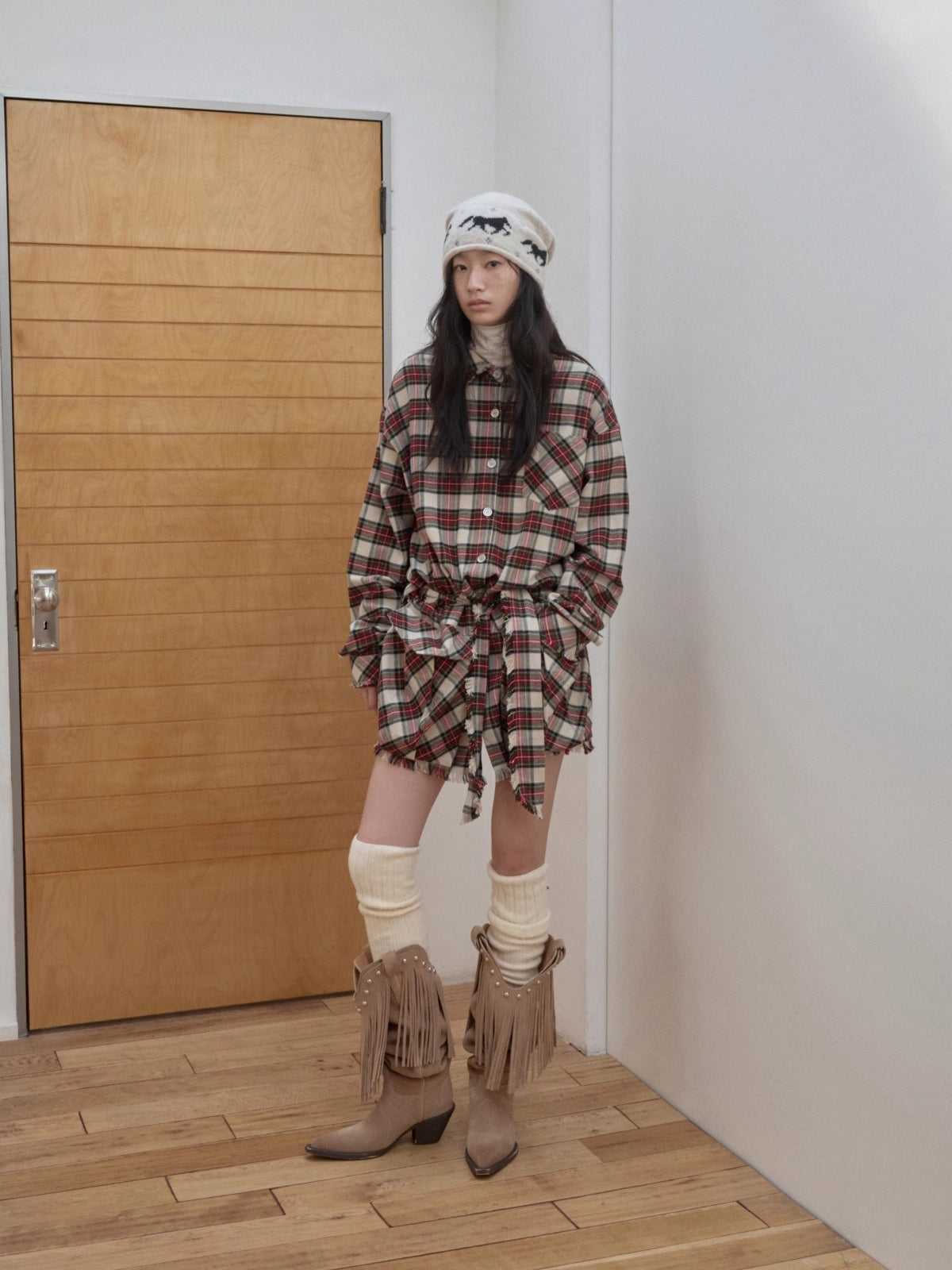 Vintage Red Plaid Frayed-Edge Utility Shirt Dress