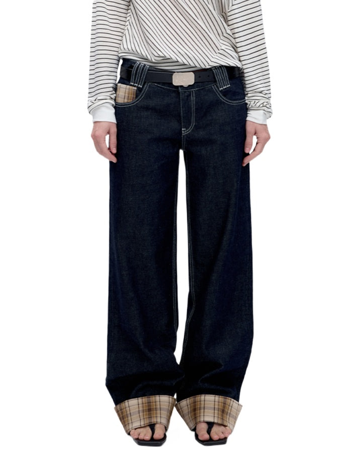 Blue Plaid Patchwork Straight-Leg Jeans - CHINASQUAD