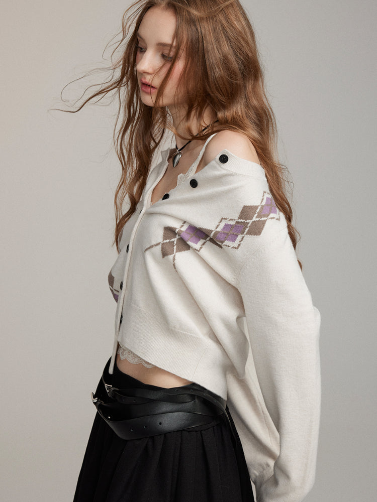 Detachable Fur Collar Quilted Knit Cardigan - CHINASQUAD