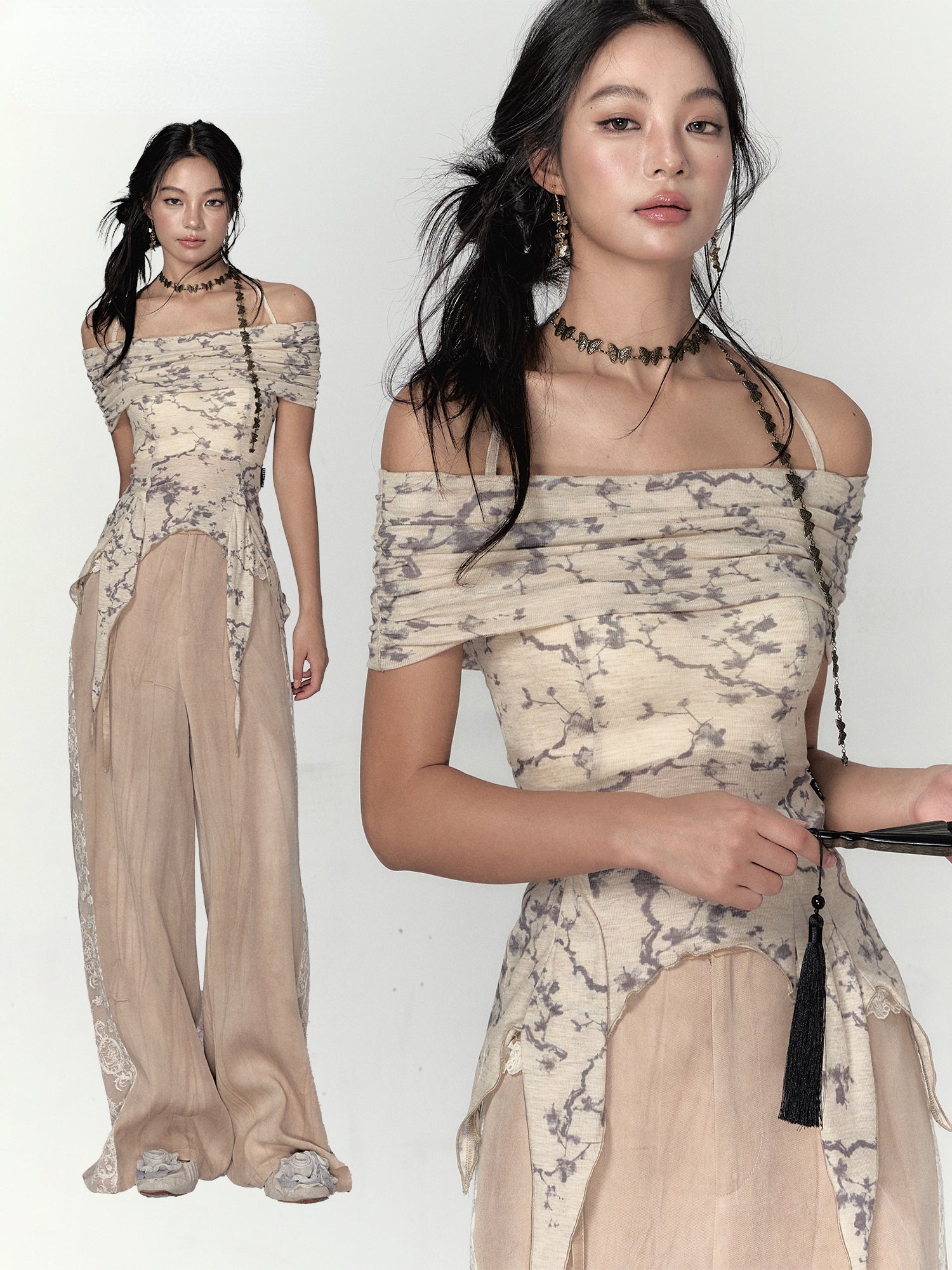 Gray Mesh Irregular Off-Shoulder Top - CHINASQUAD