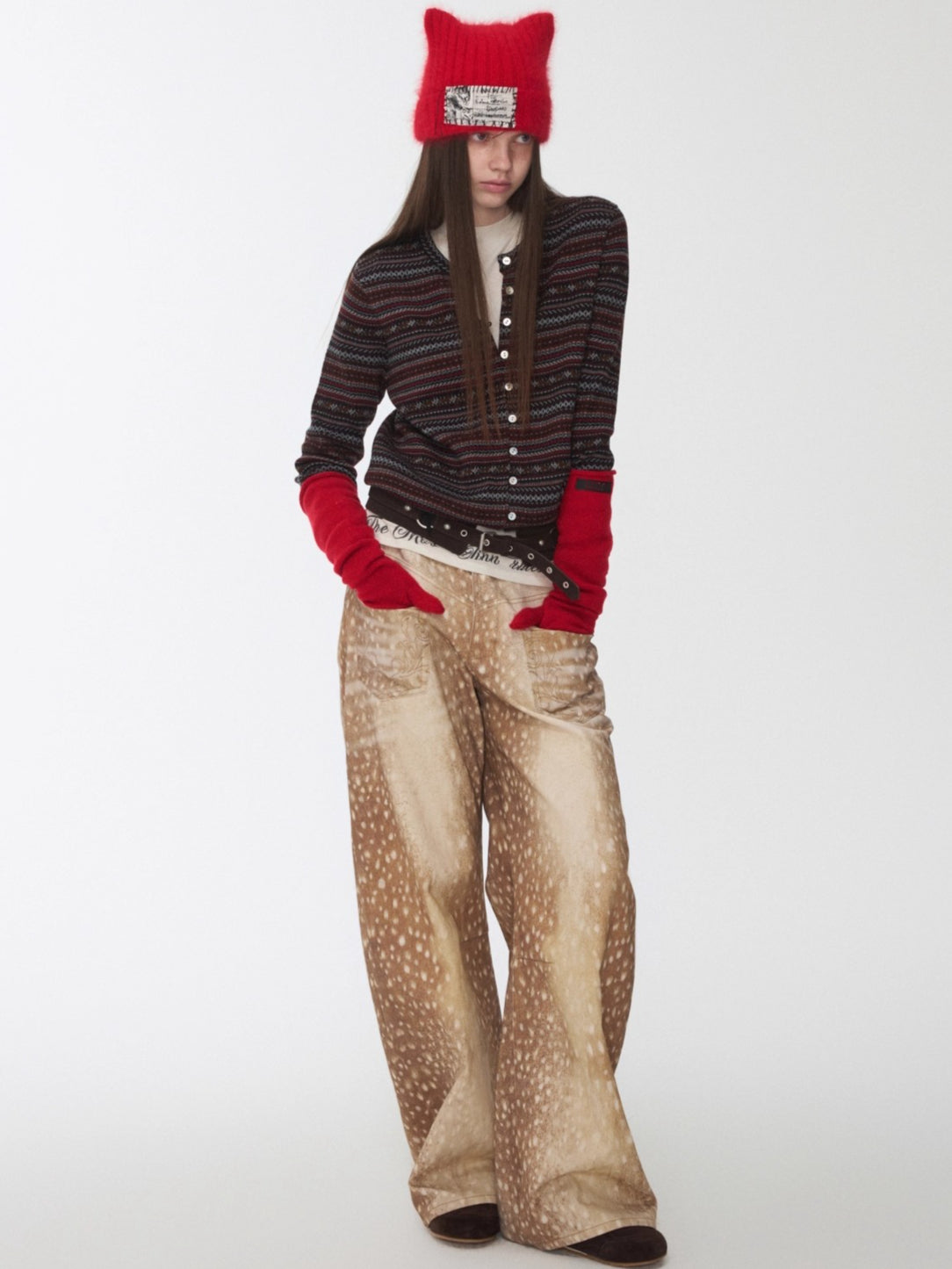 Vintage Deer Print Curved-Leg Canvas Pants