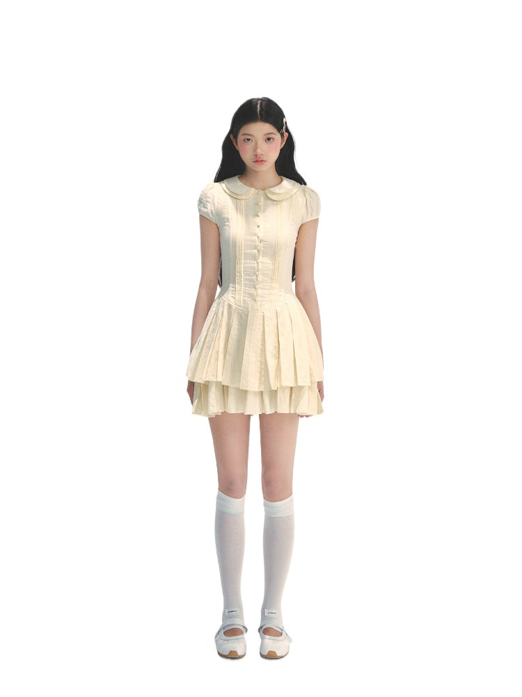 Doll Collar Waist-Cinched Pleated Shirt Dress - CHINASQUAD