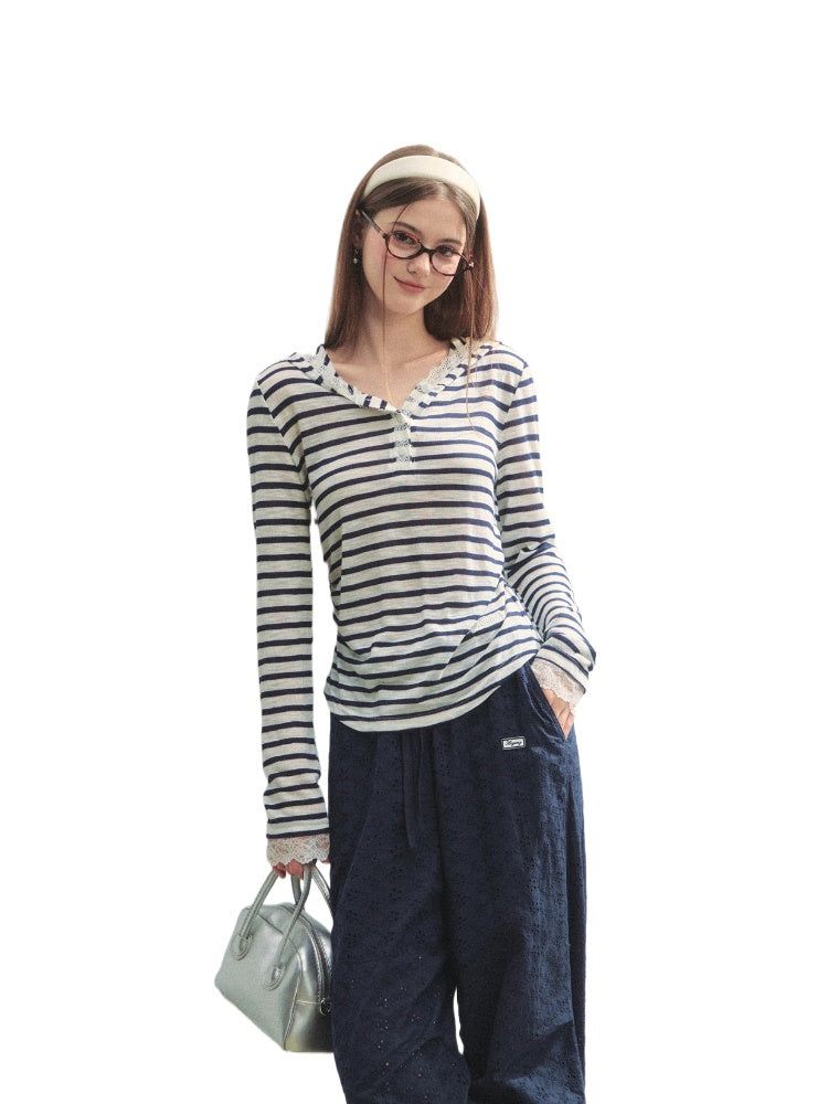 Striped Color-block Lace Spliced T-Shirt - CHINASQUAD