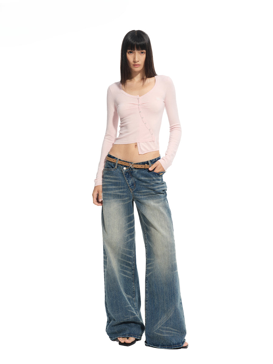 Washed Denim Low-waist Wide-leg Pants - CHINASQUAD