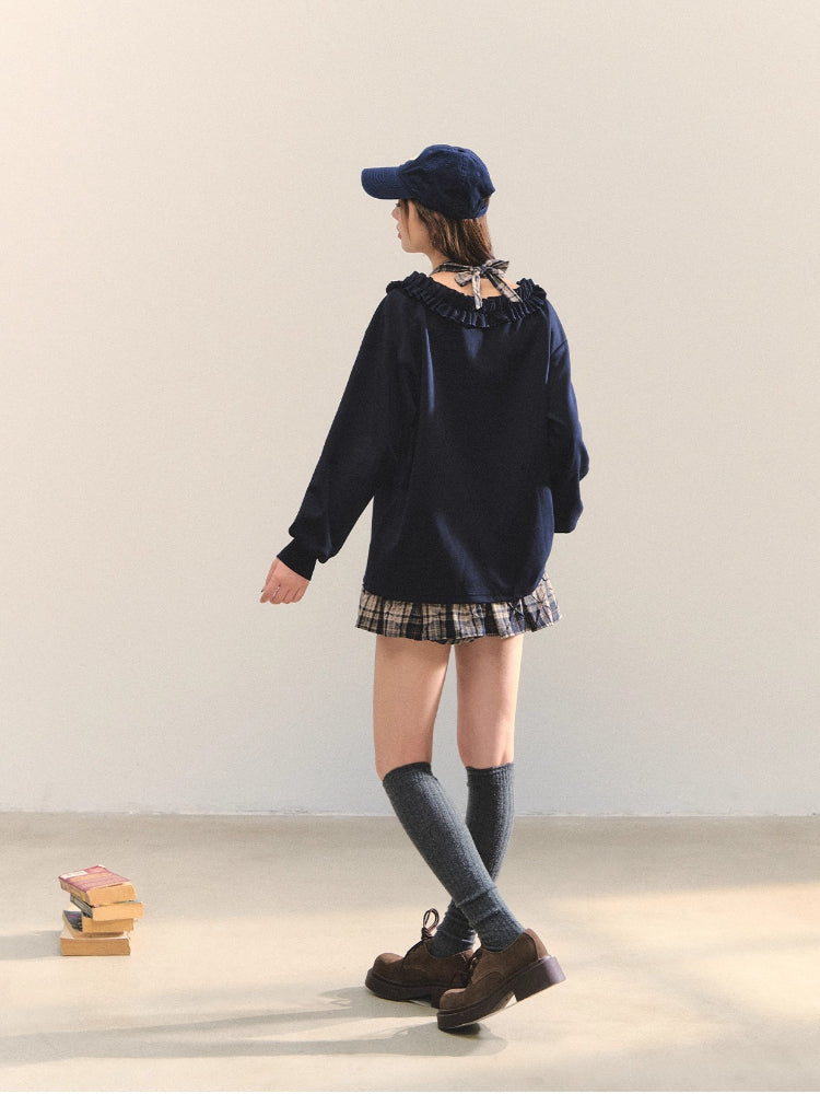 V-neck Ruffle Plaid Spliced Halter Sweatshirt - CHINASQUAD