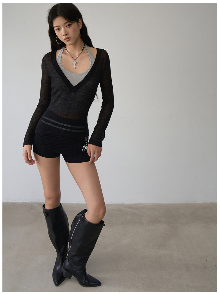 Fake Two-Piece Halter V-Neck Knit Sweater - CHINASQUAD