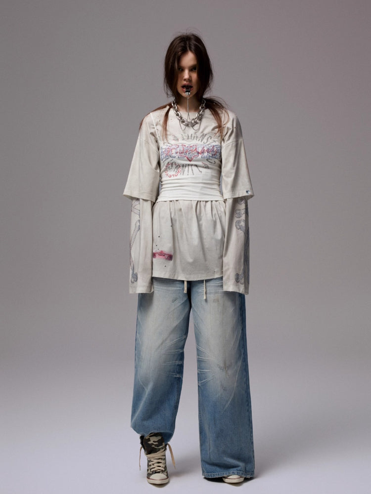 Rhinestone Logo Fake Two-piece Washed T-shirt