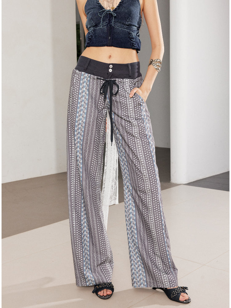 Printed Spliced Low-Waist Striped Wide-Leg Pants - CHINASQUAD