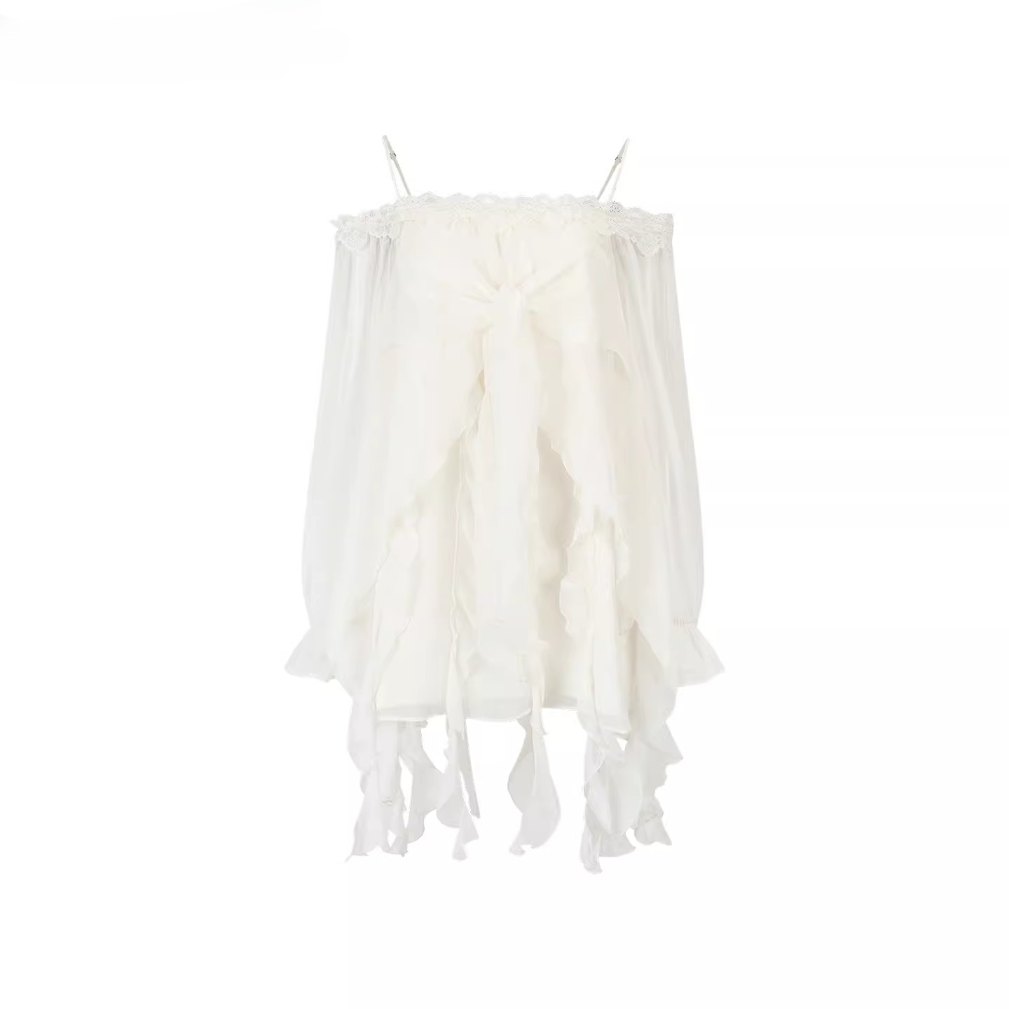 Lace-Trim Off-Shoulder Chiffon Dress