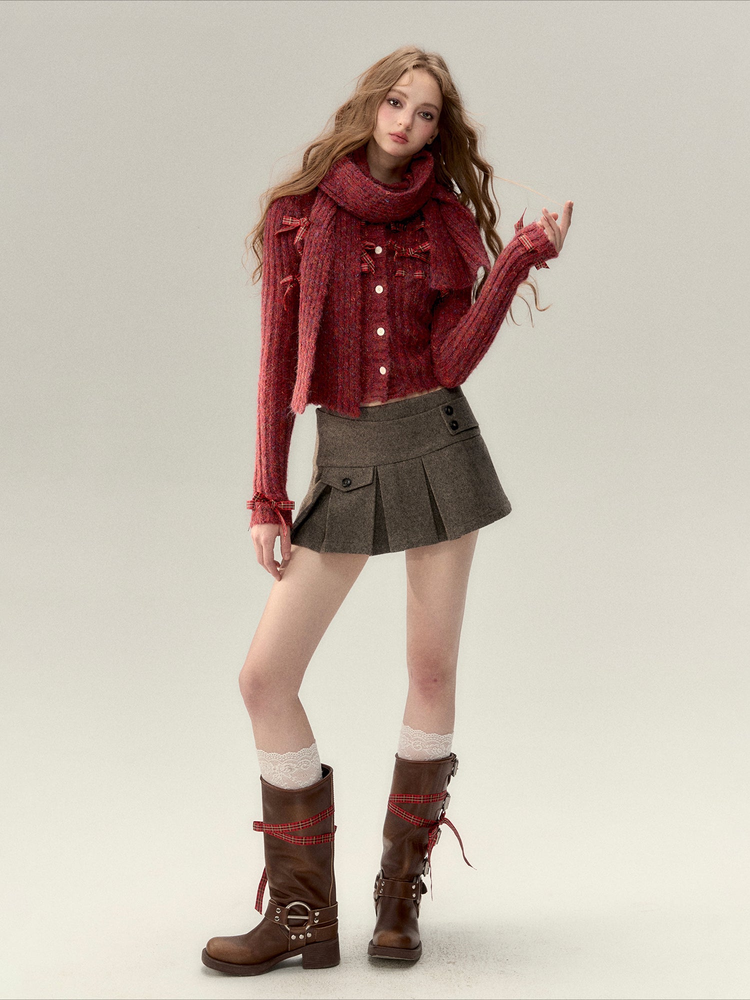 Bowknot Knit Cardigan & Hat & Scarf Set - CHINASQUAD