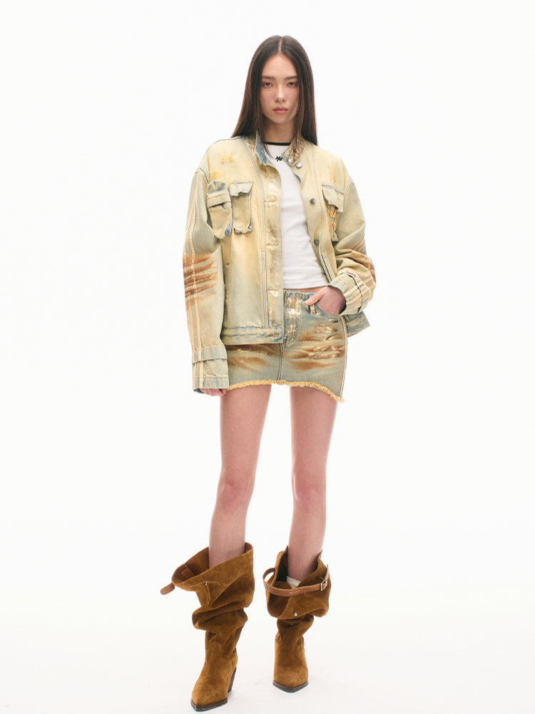 Vintage Silver Washed Mid-waist A-line Skirt - CHINASQUAD