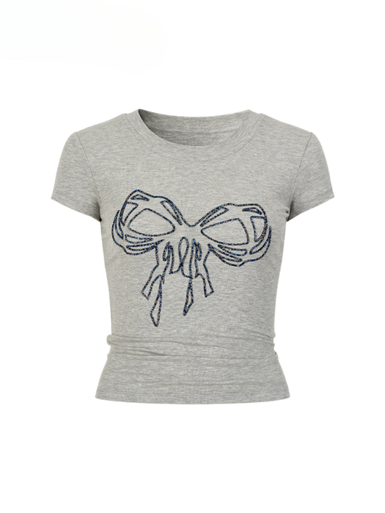 Bow Tie Rhinestone Short Sleeve T-shirt - CHINASQUAD