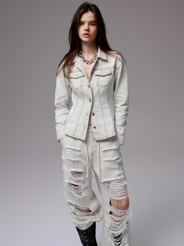 Embroidered Low-Waist Ripped Jeans