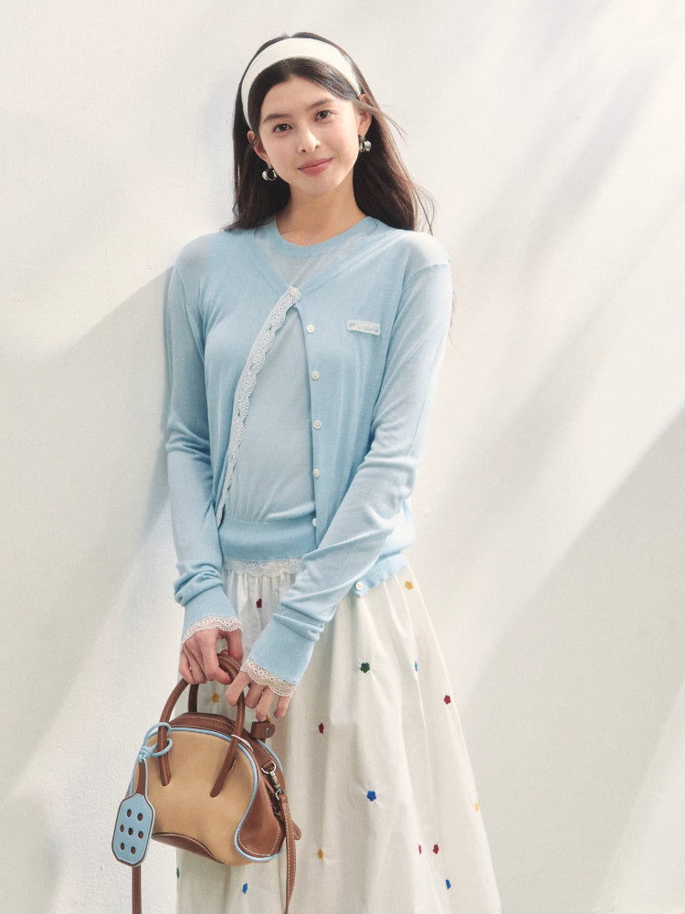 Lace Trimmed Crew Neck Knitted Cardigan Set - CHINASQUAD