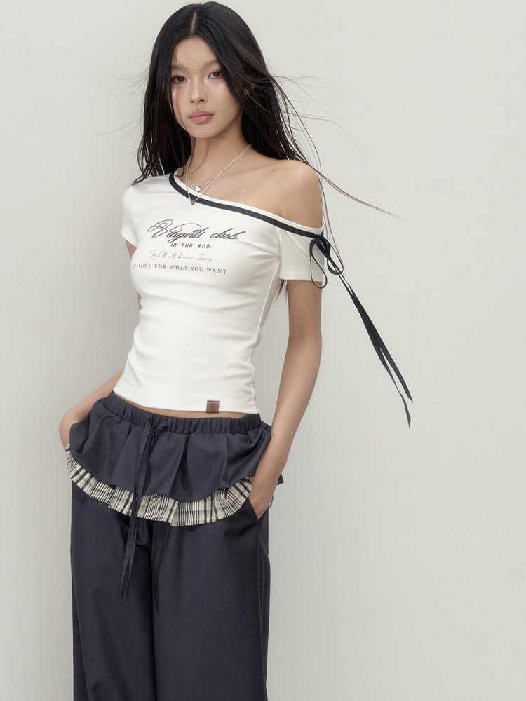 Off-Shoulder Letter Print Short Sleeve T-shirt - CHINASQUAD