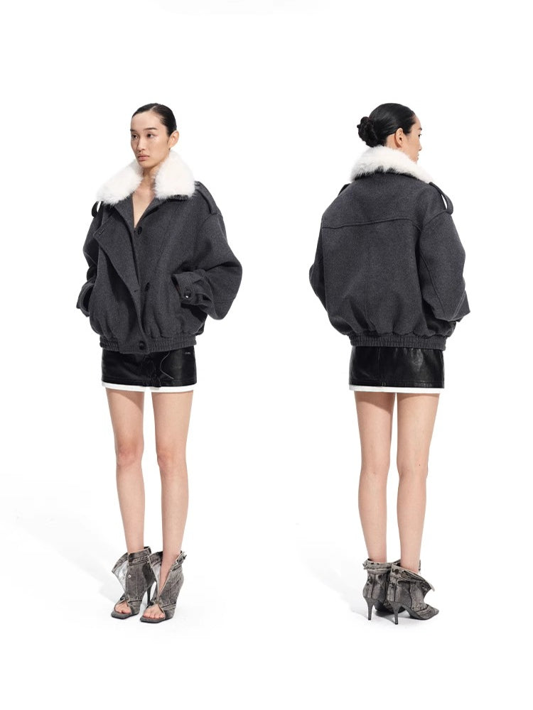 Faux Fox Fur Wool-Blend Aviator Jacket - CHINASQUAD