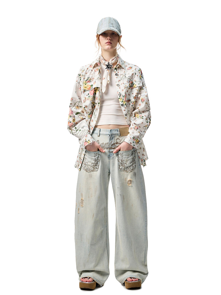 Retro Floral Print Satin Square Scarf - CHINASQUAD