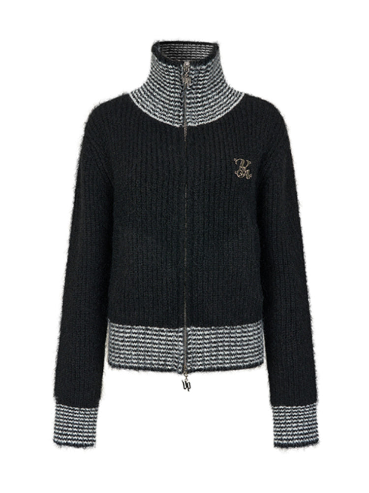 Color-Block High-Neck Knit Cardigan - CHINASQUAD