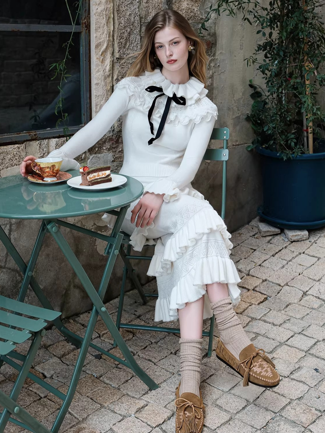 Lace Ruffle Knit Top & Midi Skirt Two-Piece Set