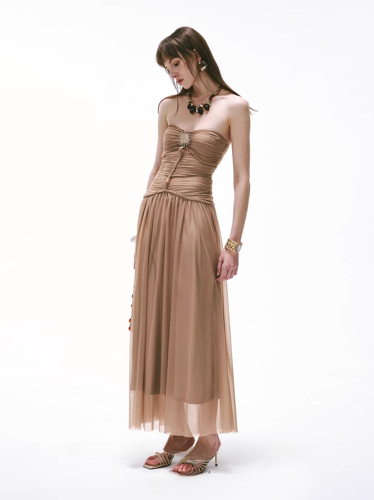 Cool-Goddess Strapless Braided Ruched Maxi Dress