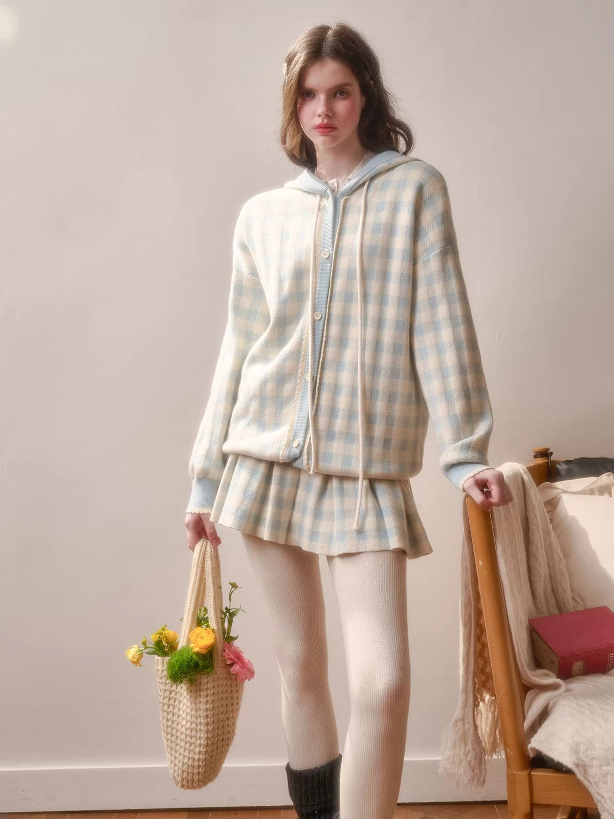 Plaid Contrast Jacket & Pleated Skirt Set