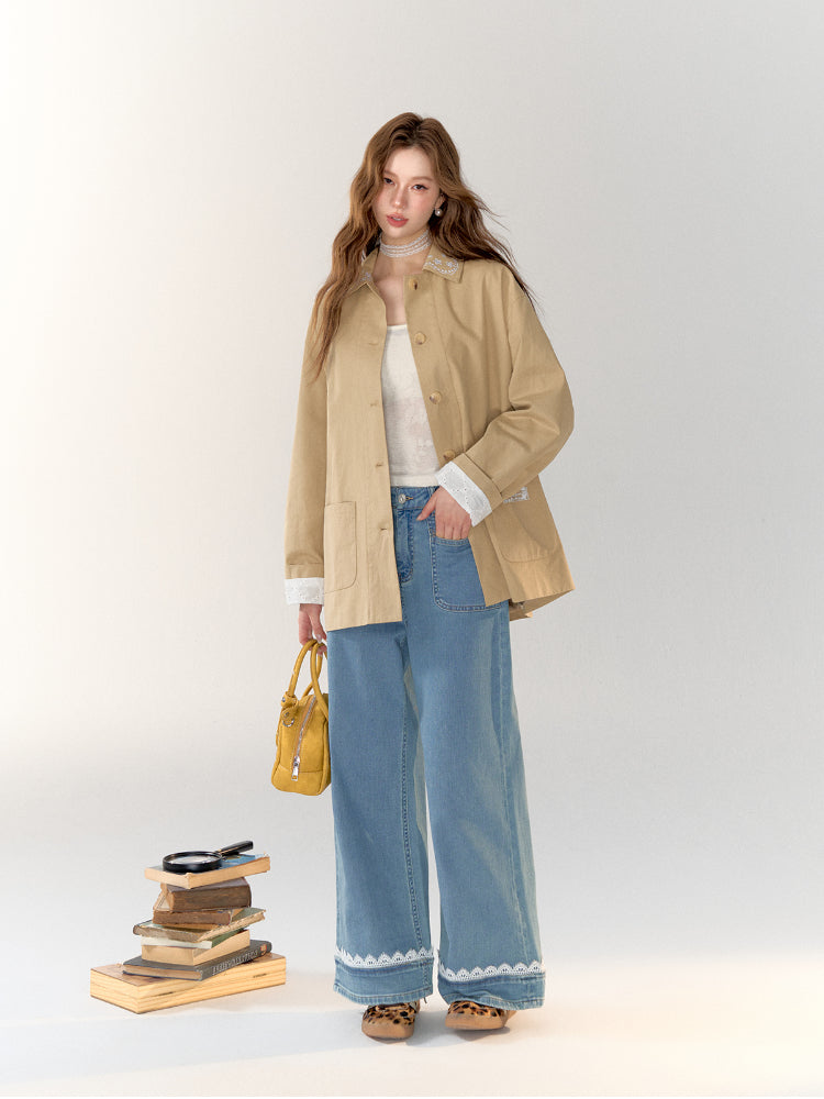 Lace Band Straight-leg Denim Jeans - CHINASQUAD