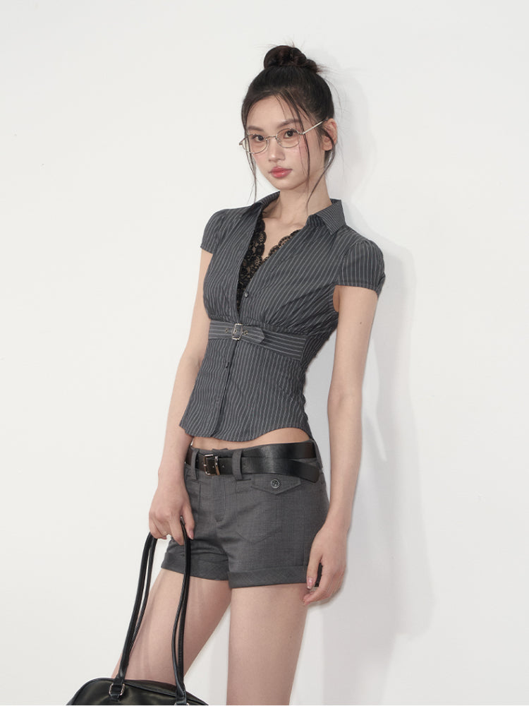 Grey Patch-Pocket Low Waist Suit Shorts - CHINASQUAD