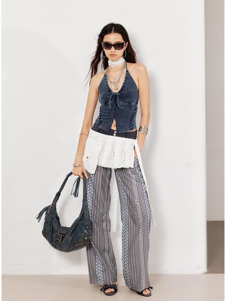 Printed Spliced Low-Waist Striped Wide-Leg Pants - CHINASQUAD