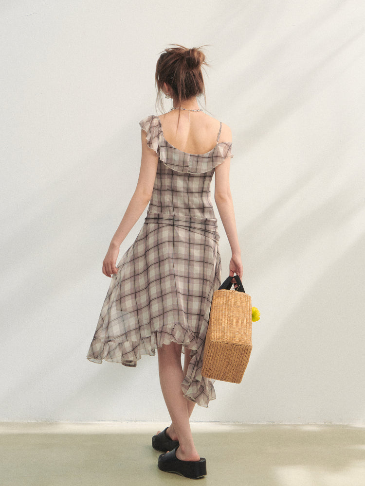 Checkered Print Asymmetrical Slip Dress - CHINASQUAD