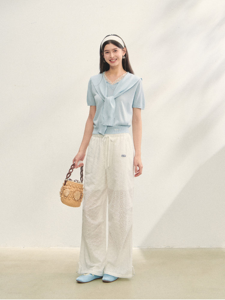 Hollow Embroidery Tie-up Casual Pants - CHINASQUAD