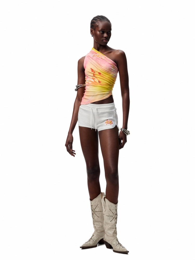 Slanted Shoulder Wrinkle-Printed Floral Vest - CHINASQUAD