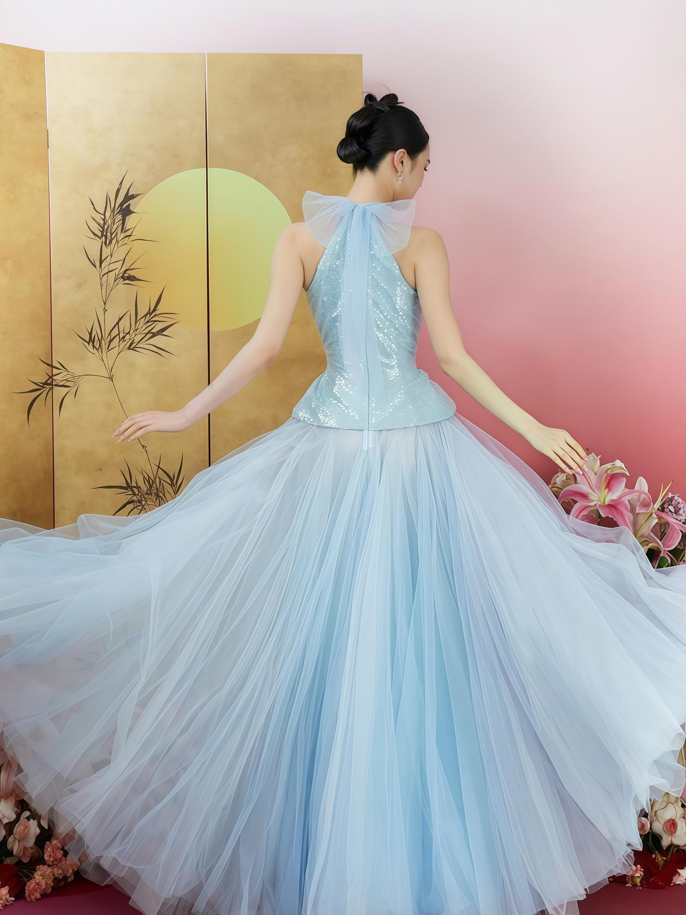 Celestial Blue Embroidered Halterneck Ball Gown