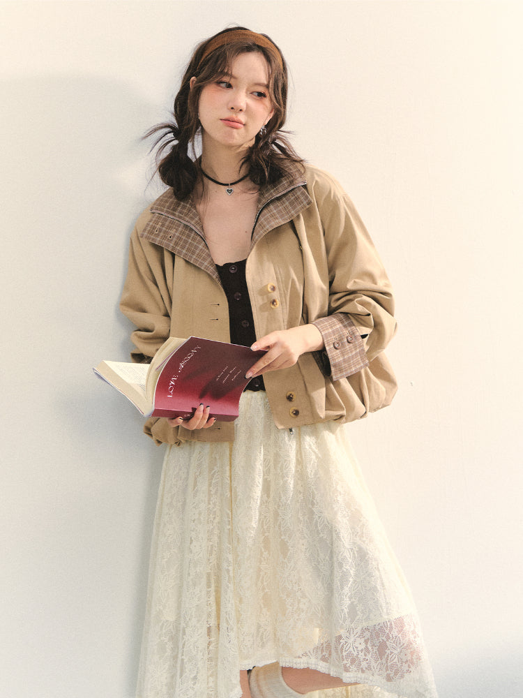 Two-piece Plaid Spliced Cocoon-shaped Trench Jacket - CHINASQUAD