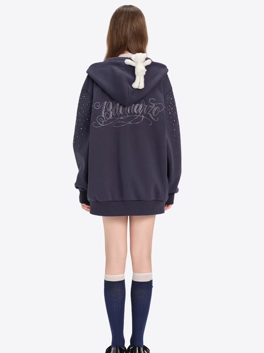Faux-Diamond Embellished Relaxed Hoodie Jacket