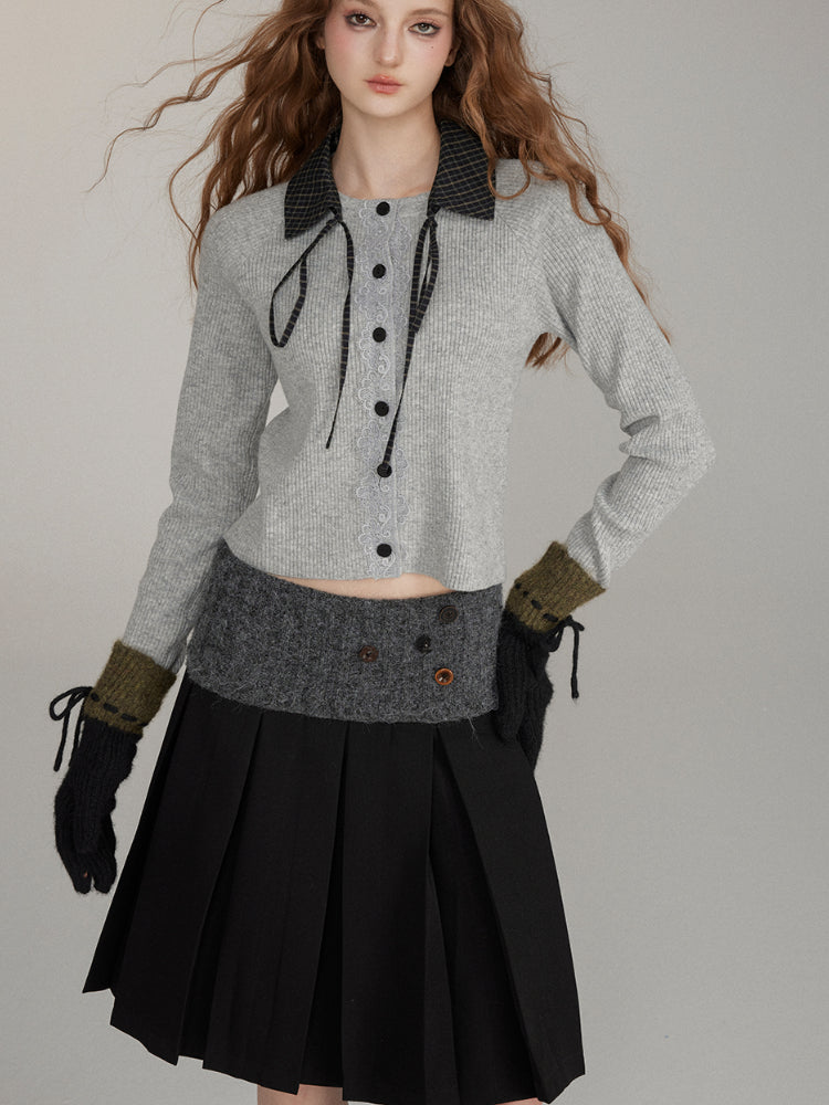 Two-Way Detachable Plaid Cropped Knit Sweater - CHINASQUAD