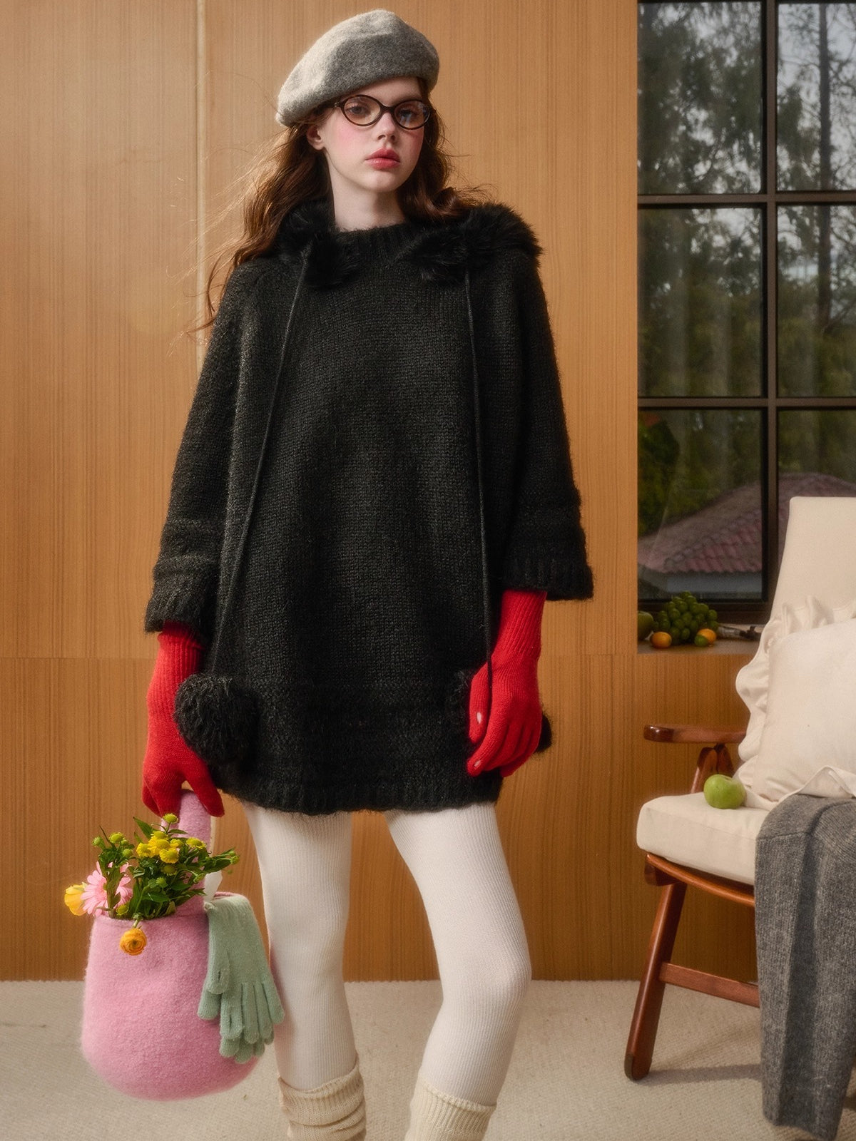 Winter Keepsake Wool-Blend Knitted Cape Dress