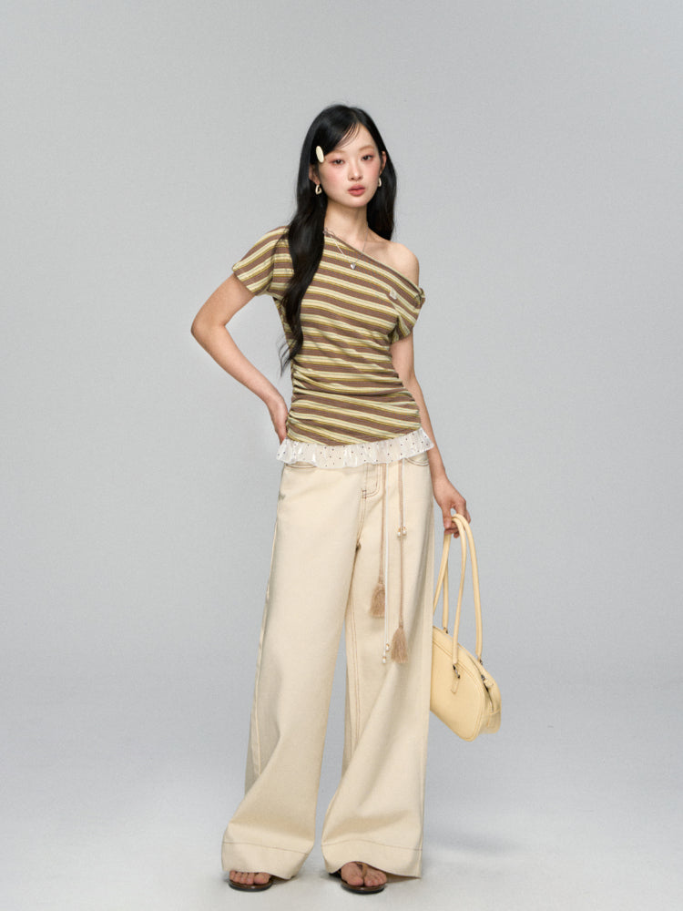 Striped Lace-Spliced Asymmetric-Shoulder T-shirt - CHINASQUAD