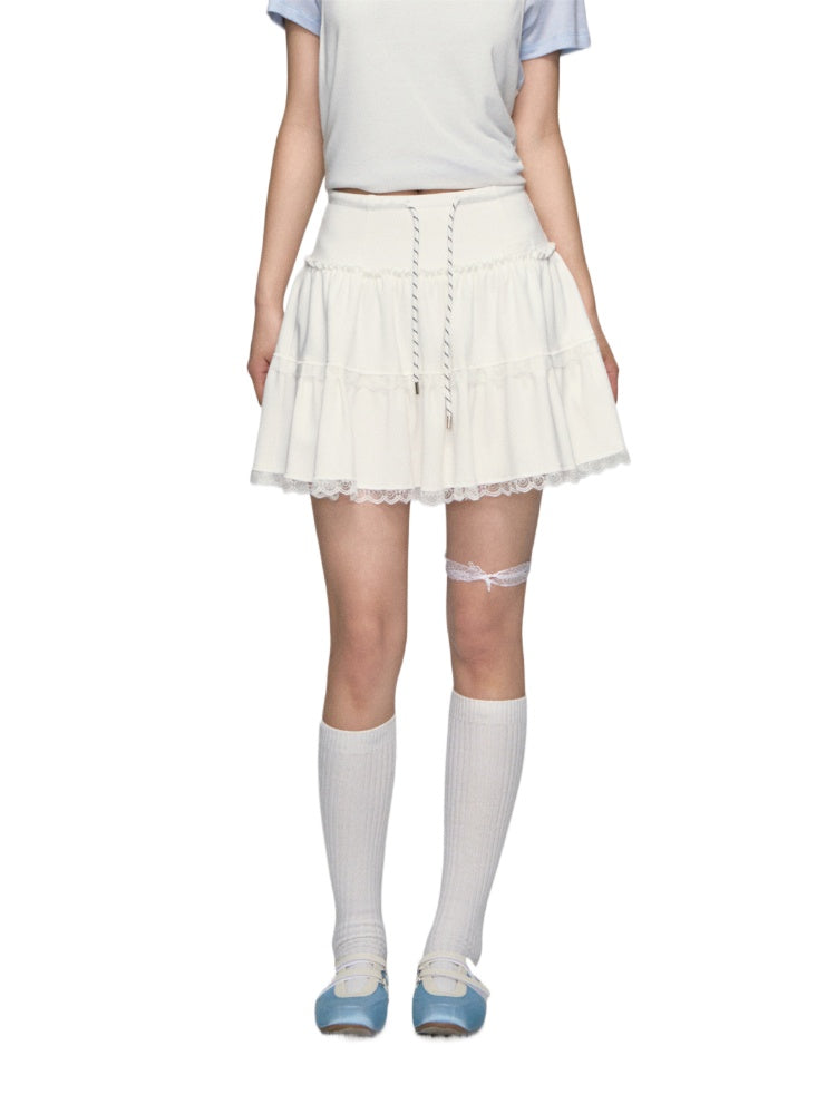 High-waisted Drawstring Lace-spliced Tiered Skirt - CHINASQUAD