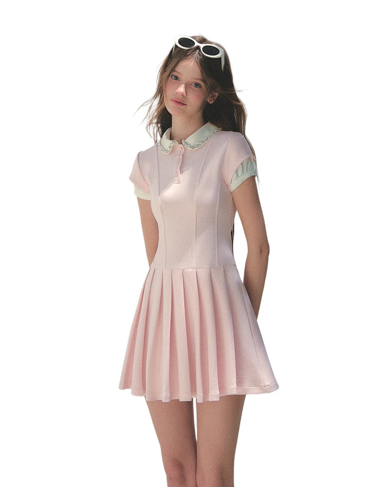 Polo Collar Rhinestone Pleated Dress - CHINASQUAD